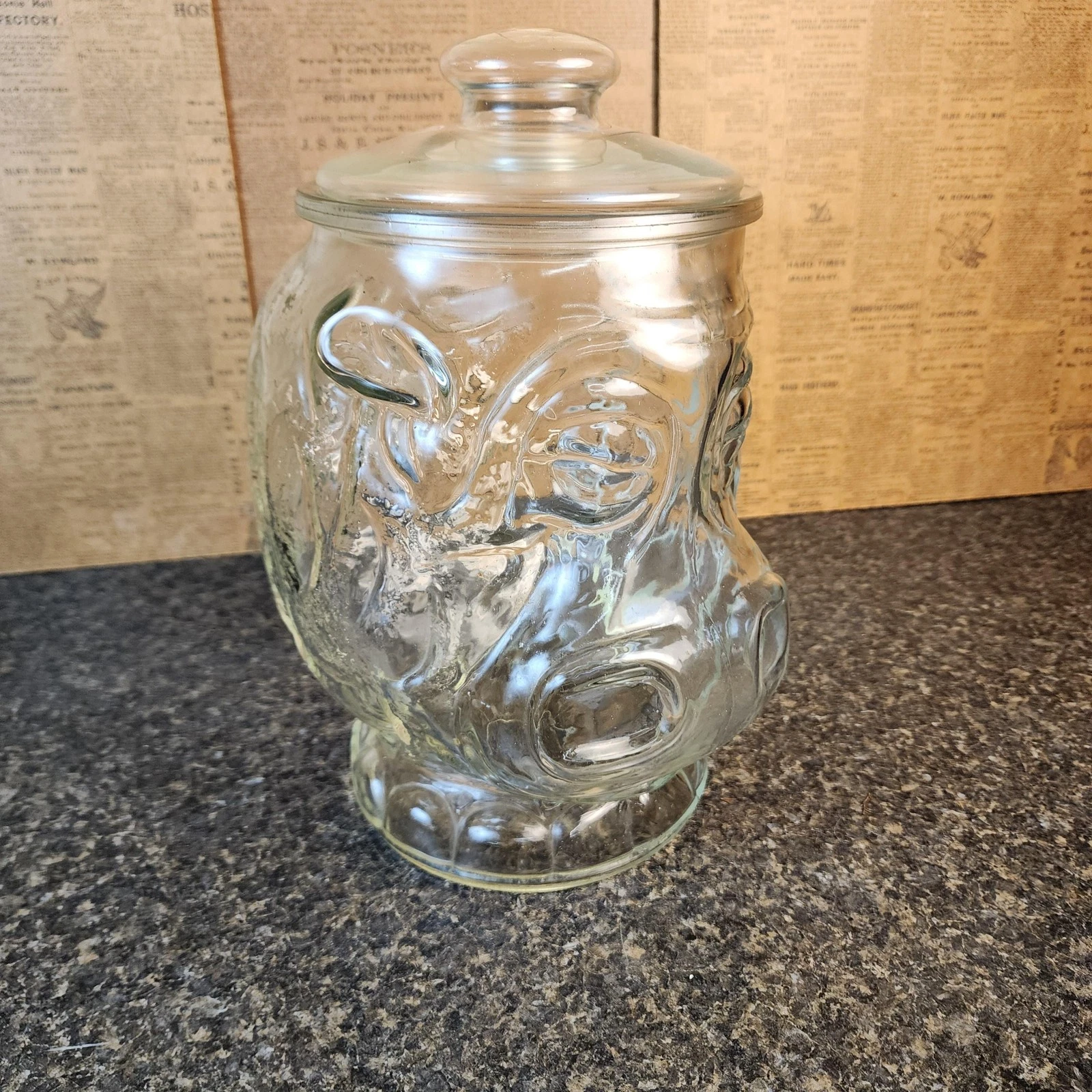 Clear Glass Pig Head Cookie Jar Canister with Lid Embossed Hog Face Kitchen
