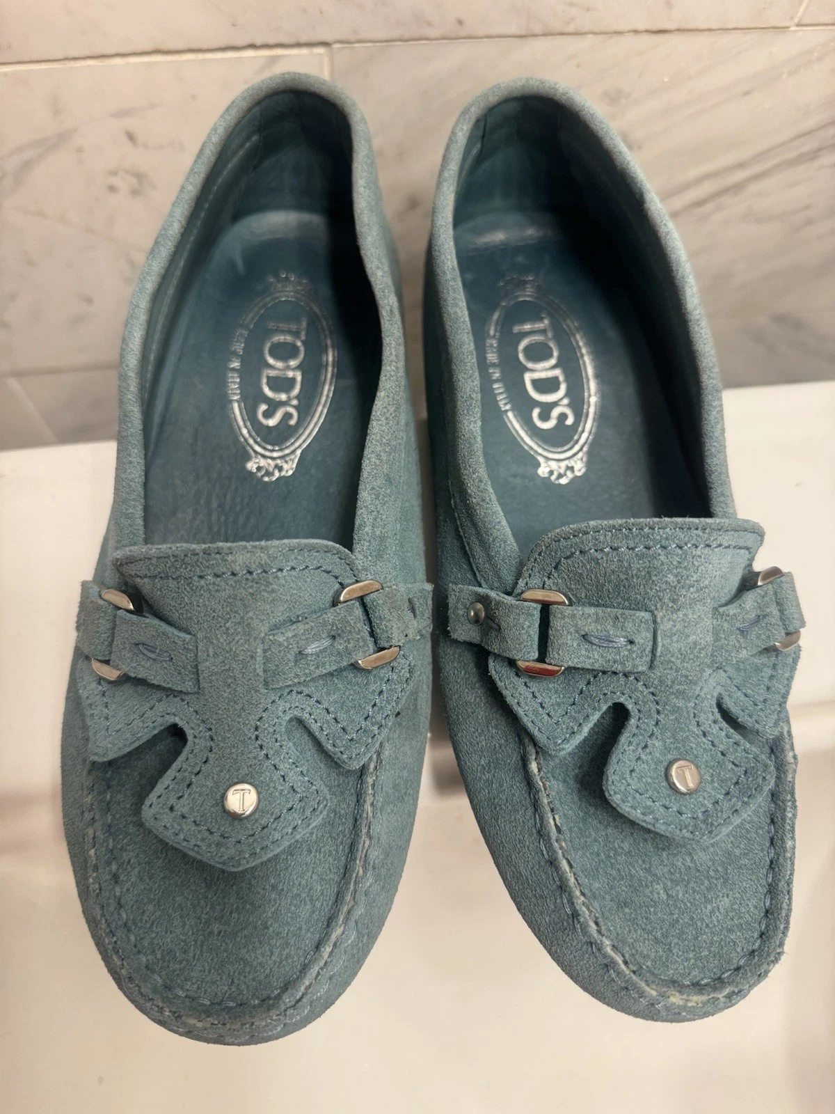 $325 Tod’s mocassini mocassini da guida Gommini in camoscio blu acqua donna USA 5 M