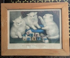 Antique Currier Ives Kitties Framed Cat Wall Art Print Three Kitten Vtg Lithogra