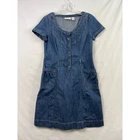 DKNY Jeans Denim Dress Women S Blue Short Sleeve Button Front Pleated Scoop Neck