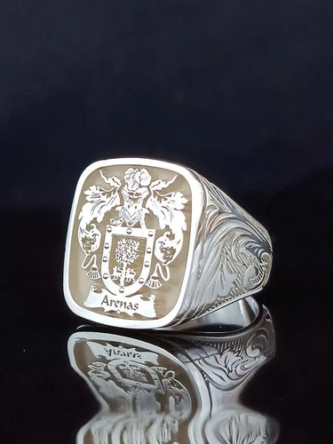 Engraved Silver Signet Ring Family Crest Coat of Arms Heraldic Shield Gift Men