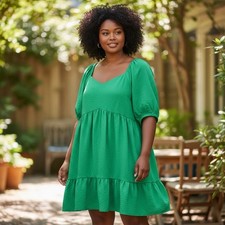 Nine West XXL Green A-Line Tiered Smocked Mini Dress Romantic Flowy Flattering