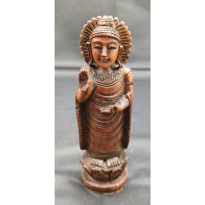 Hand Carved Wood Lord Buddha Figurine 5in Meditation Mudra Dark Wood Statue