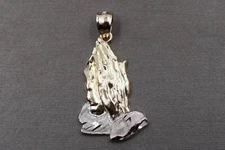 10K Solid Yellow Gold 1.2" Two Tone Diamond Cut Praying Hand Charm Pendant.