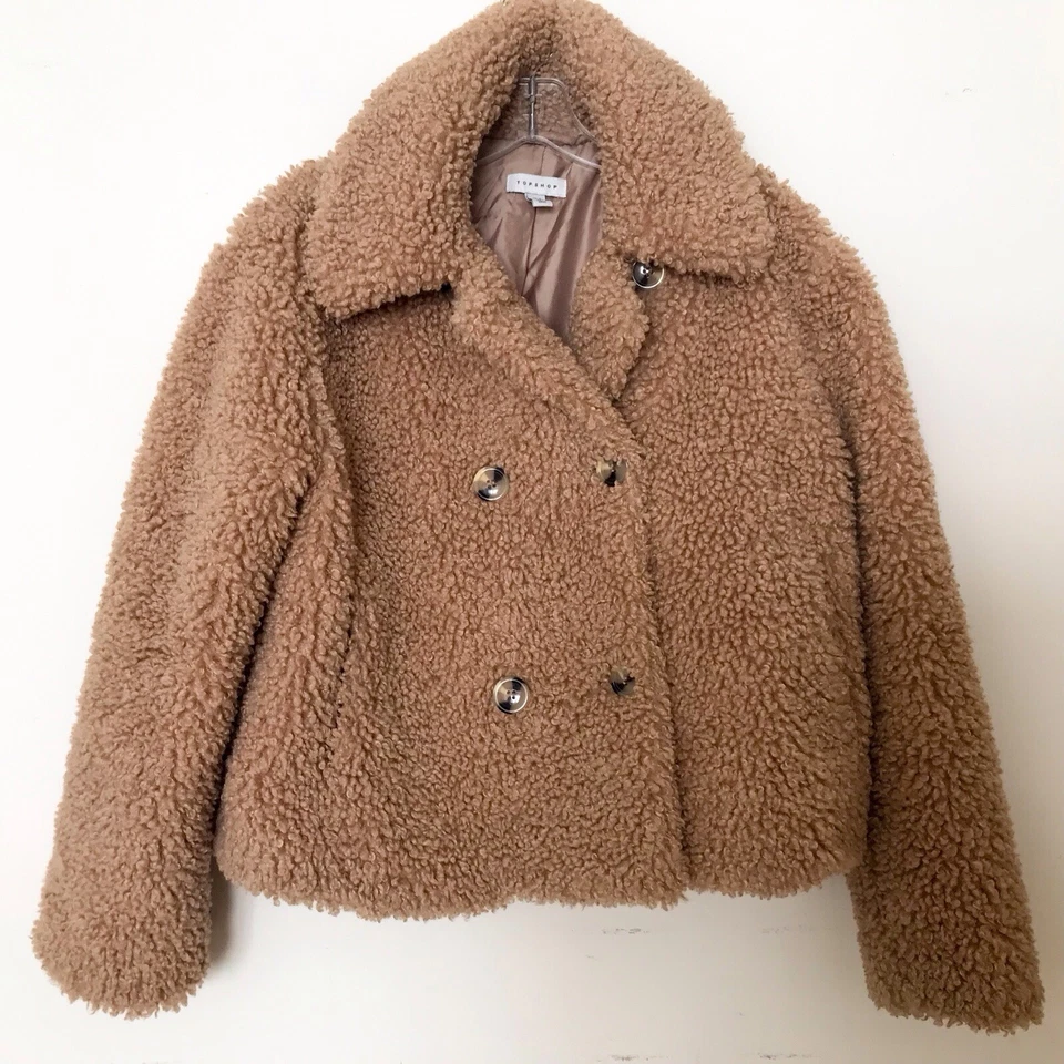 Abrigo Sherpa Top Shop Para Mujer Corto Piel Sintética Doble Pecho Suave Difuso Bronceado EE. UU. 6 Foto 2 de 4