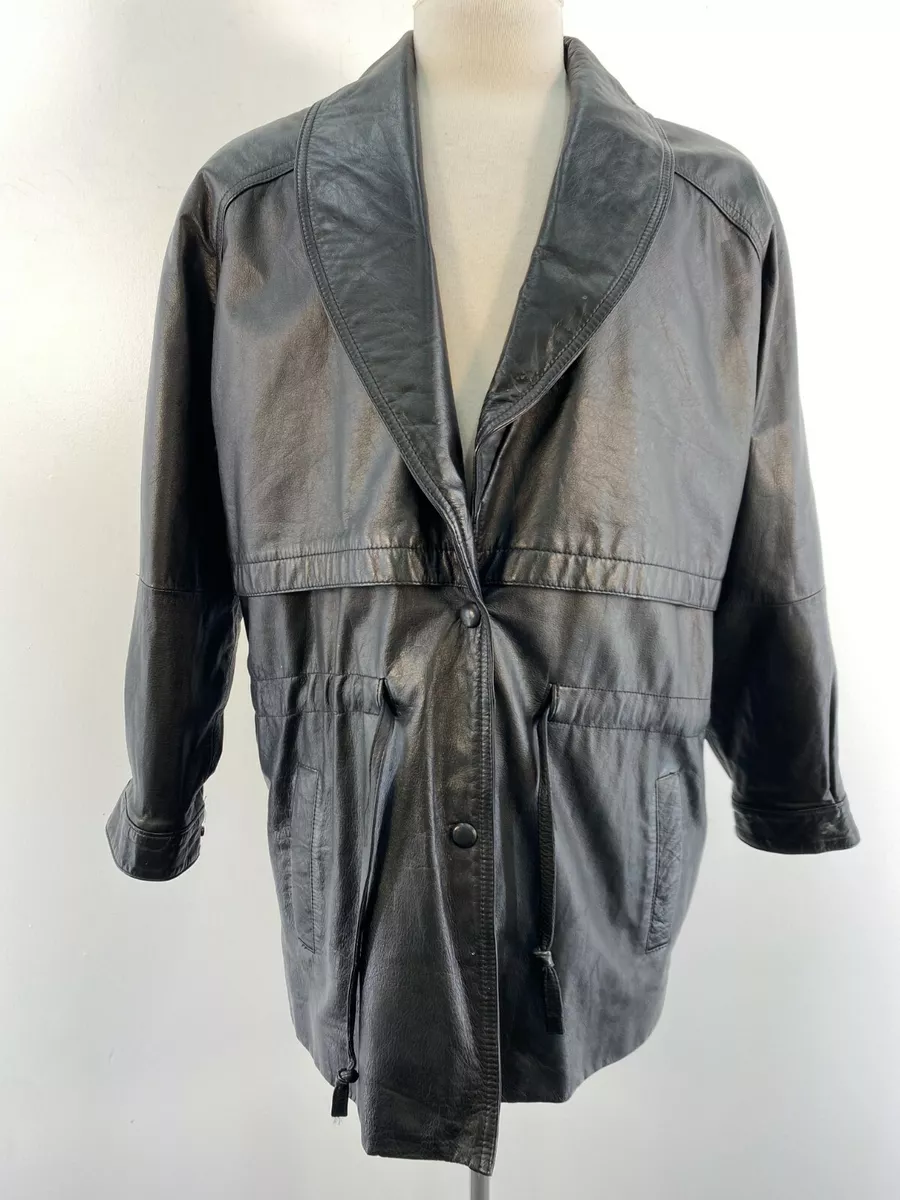Wilsons Black Leather Drawstring Cinched Waist Front Button Jacket