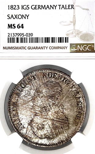 German States Saxony 1823 IGS Taler Coin NGC MS 64 F.STG/STG Thaler UNC TOP POP