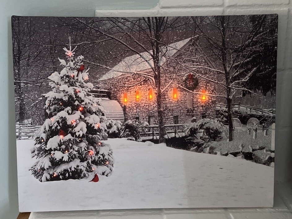 Christmas Wall Art Canvas Print Illuminated Old Stone House Lighted Tree 12x16