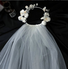 2-Tier Ivory Flowers Bridal Headband Veil for Women  Girls Wedding Crown Veil