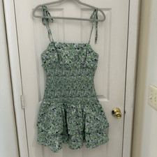 English Factory Floral Smocked Mini Dress Size Small Green Purple Tie Strap