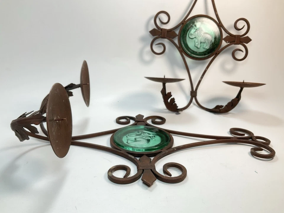 Винтажный кованое железо зеленое стекло слон бра подсвечники комплект из 2 РЕДКАЯ - Изображение 2 из 4