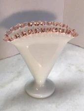 Fenton Milk Glass Pink Rose Crest Ruffled Fan Vase 6.75”
