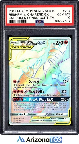 Pokemon 2019 Reshiram & Charizard GX 217 Full Art SR Unbroken Bonds PSA 10