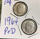 1964 P D Roosevelt Dime Year Set 90% Silver 2 Coin Lot