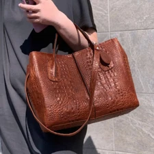 GENUINE Leather Handbag for Women Crocodile Imitation Embossed Sholder Bag Tote