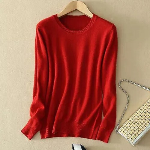 Women Wool Cashmere Sweater Knitted Pullover Slim Crew Neck Sweater Solid Jumper - Picture 28 of 39