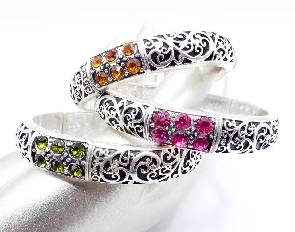 Brazalete Brazalete Elástico Filigrana Negra Chapado en Plata Cristales de Diseñador CLÁSICO Foto 3 de 4