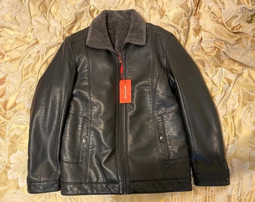 Pierre Cardin Men's black genuine leather jacket with fur collar 2XL - Picture 3 of 5