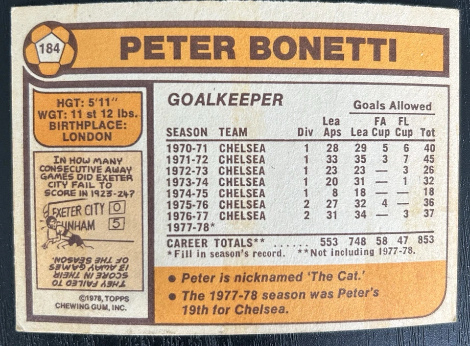 Topps Football Card 1978/79, #184 Peter Bonetti, Chelsea - Image 2 of 4