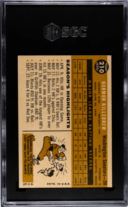 1960 Topps Harmon Killebrew SGC 7 casi nuevo - ¡Bonito centrado! Tarjeta de béisbol #210 Foto 2 de 2