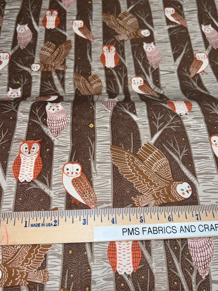 MODA Night Owl 100% tela de algodón mediano por yarda marrón cacao 48420 21 búhos árbol Foto 2 de 4