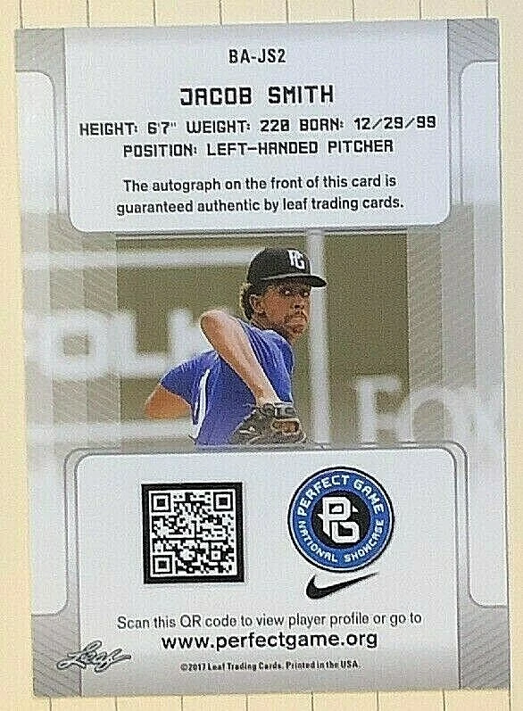 2017 Leaf Perfect Game Jacob Smith #BA-JS2 autógrafo #01/10 verde - Imagem 2 de 2