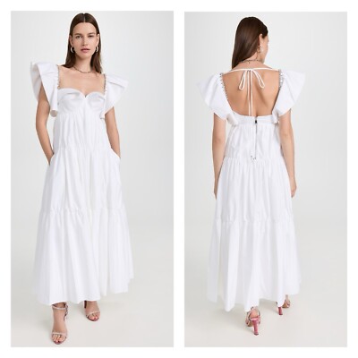 Area Cotton Poplin Maxi Dress Tiered Crystal Trim White XS NWT  