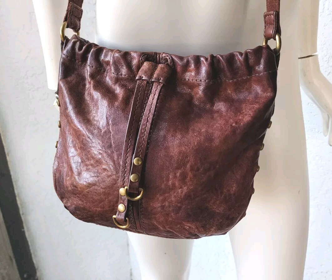 Vintage Fossil Small Studded Brown Leather Faux Drawstring