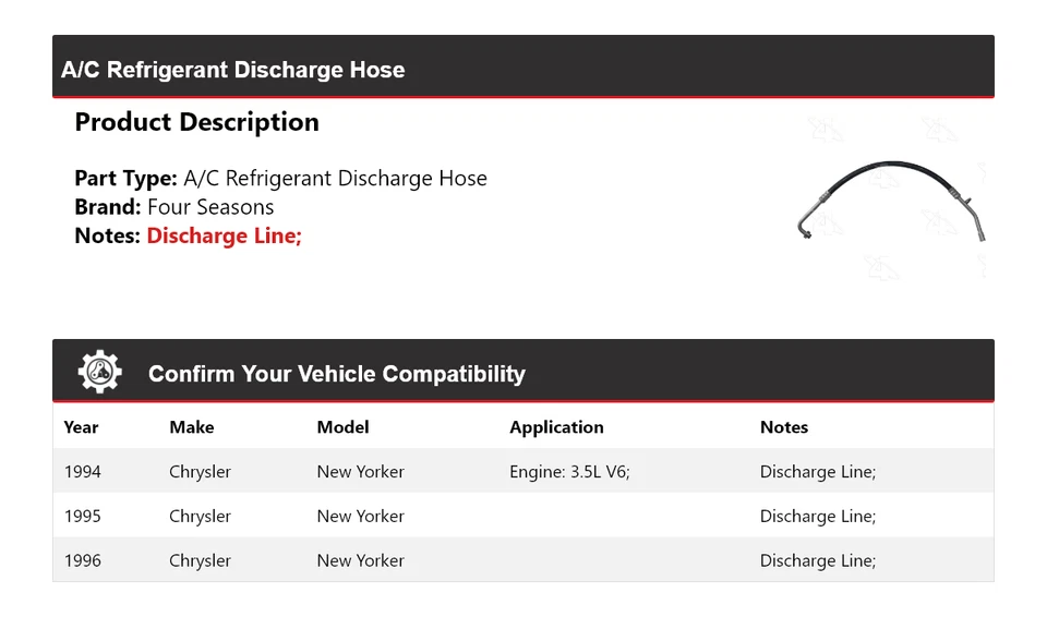 Manguera de descarga de refrigerante aire acondicionado Chrysler New Yorker 1994-1996 4 estaciones 1995 Foto 2 de 4