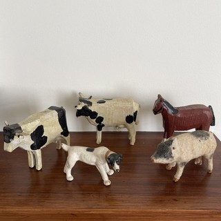 Farm Animals And Dog For A Miniature Farm Or Doll House. Rustic. Vintage.