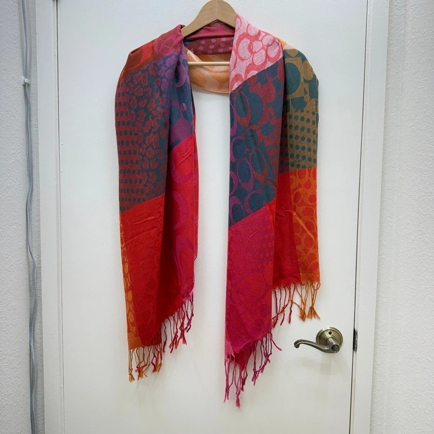 Coach Multicolor Pashmina Scarf Patchwork Signature C Colorful Winter Soft - Image 2 of 4