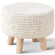 Pouf Ottoman, 100% Cotton Knitted Boho Footstool, Round Footrest with Non-Ski...