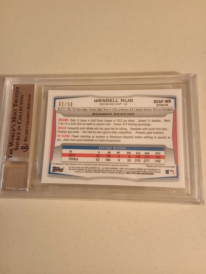 2014 Bowman Chrome Wendell Rijo #2/50 BLUE AUTOGRAPH #BCA-PWR Graded BGS 9.5 - Image 2 of 2