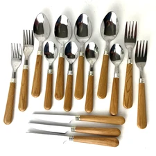 15 pc Vintage Flatware Stainless Woodgrain Look Plastic Handles MCM Blond