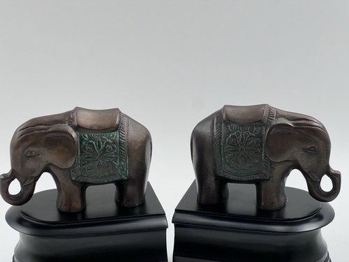 **Vintage Castilian Imports Brass on Wood Bookends Pair Flower of Life Elephants - Picture 4 of 12