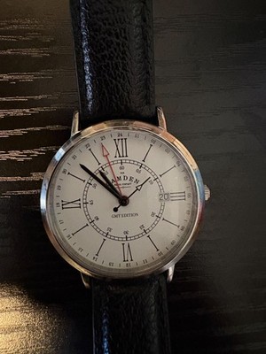 Camden Watch Wristwatch No. 27 GMT - Steel and White on Black Leather