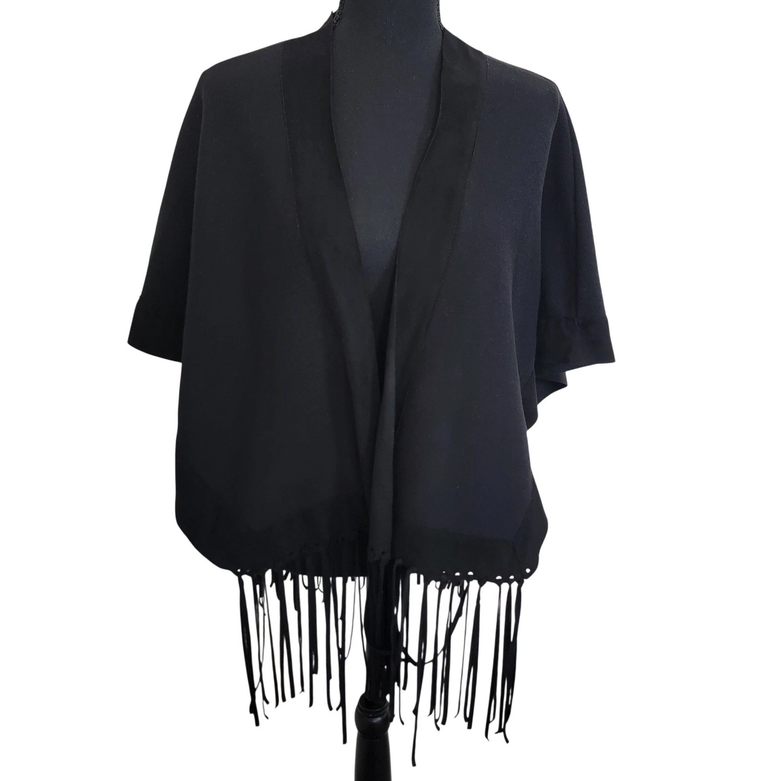 Alya Black Fringed Open Front Poncho Cape Cardigan One Size Western Festival