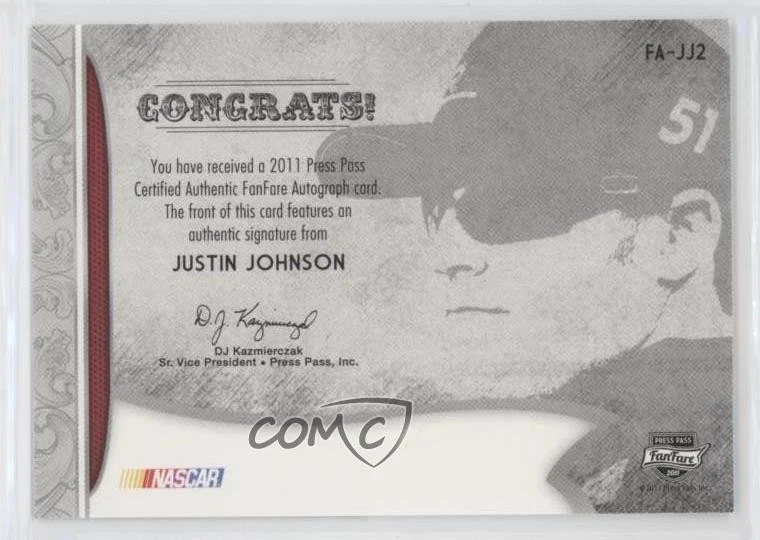 2011 Press Pass Fanfare Fanfare Auto Silver /50 Justin Johnson #FA-JJ2 Auto - Image 2 of 2