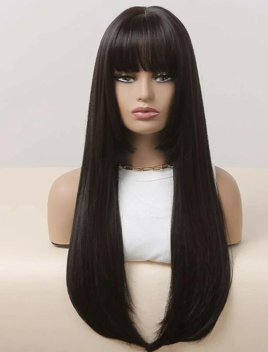 Perruque Longue Bouclée Brun Noir Cuivre Frange Lisse - 65cm, Référence 285-2T30