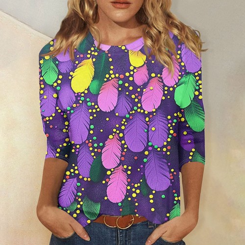 3/4 Sleeve Shirts For Women Cute Print Graphic Tees Blouses Casual Plus Size - Picture 43 of 48