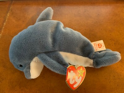 1996 Ty Beanie Baby Echo the Dolphin with Waves the Orca Tag with tag errors  