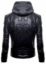 NEW BATMAN LOGO MOTORCYCLE BRANDO BIKER REAL LEATHER HOODIE JACKET - DETACH HOOD
