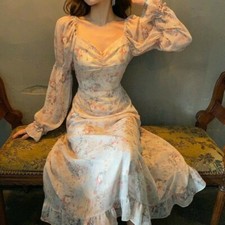 Retro Floral Chiffon Long Dress Square Neck Long Sleeve Ruffle Boho Elegant