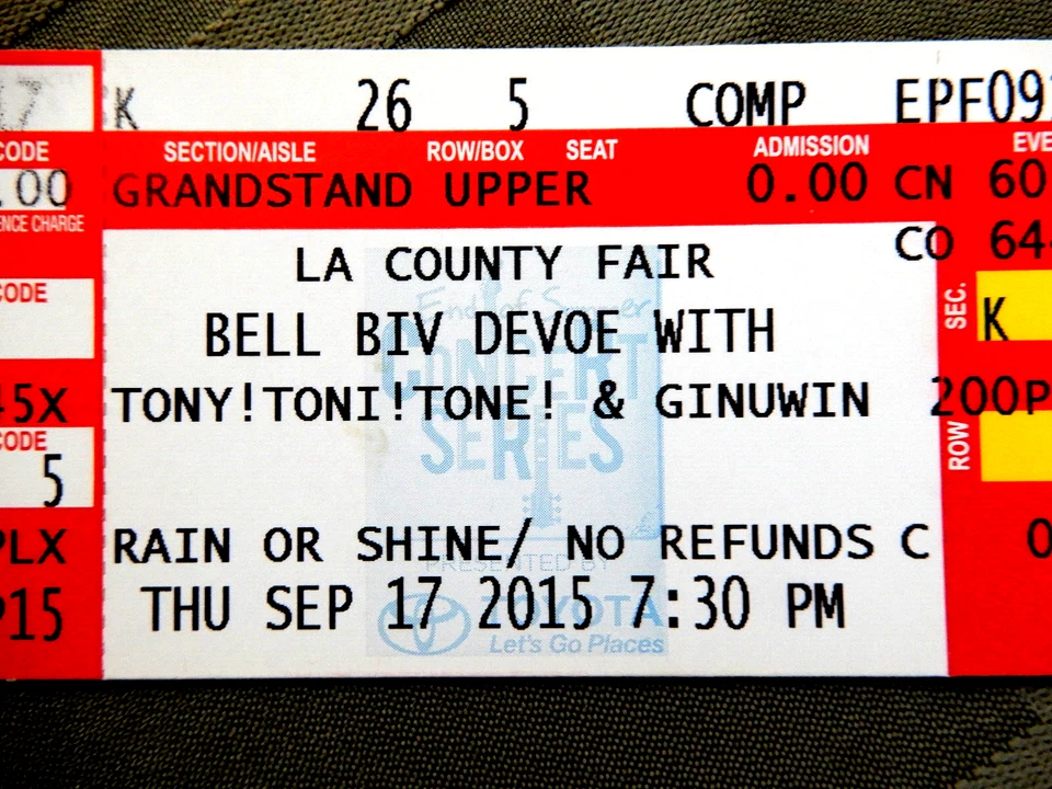 BELL BIV DEVOE Tony and Ginuwin Concert UNUSED Ticket Stub 2015 L.A. COUNTY FAIR - Image 2 of 4
