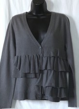 GARNET HILL Grey Wool VNeck Ruffle Front Cardigan 37 In Chst 24 In Lng Sz M