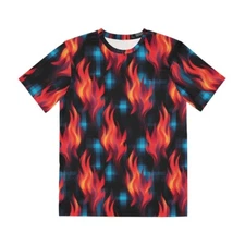 All Over Print T Shirt Unisex Colorful Plaid With Flames Festive Biker Grunge