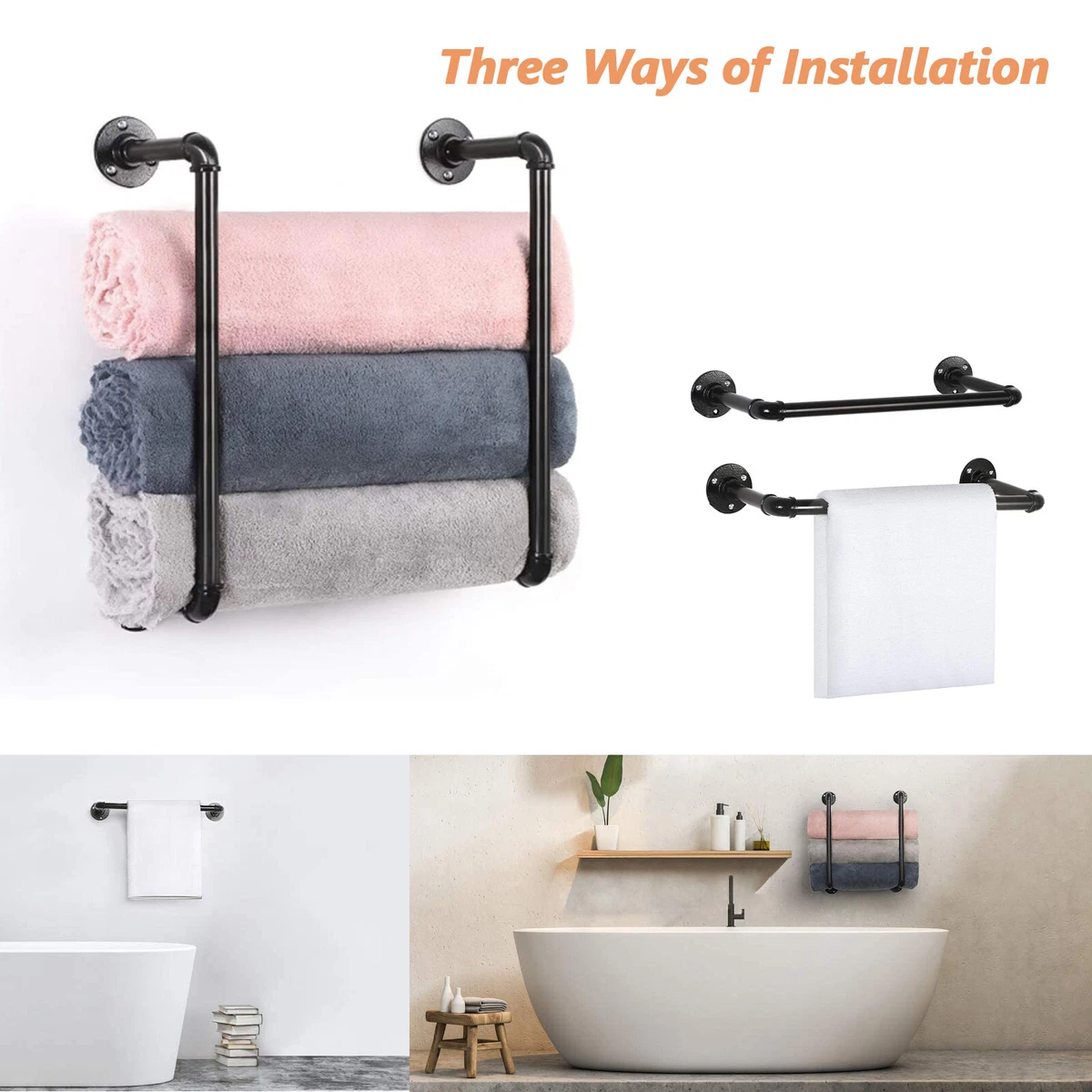 Set of 2 Industrial Pipe Towel Rack Wall Mount 16