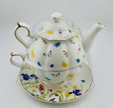 Grace's Teaware Individual Teapot & Lid w/Cup & Saucer, Flowers & Butterflies