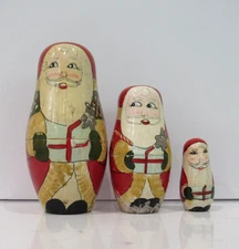 VTG. Russian Nesting Matryoshka Dolls Santa Claus Hand Painted 3 pc