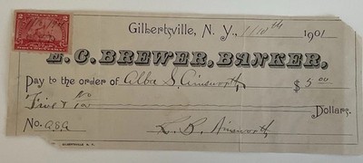 E.C. Brewer Company In Gilbertsville NY Bank Check W/ Revenue Stamp 1901